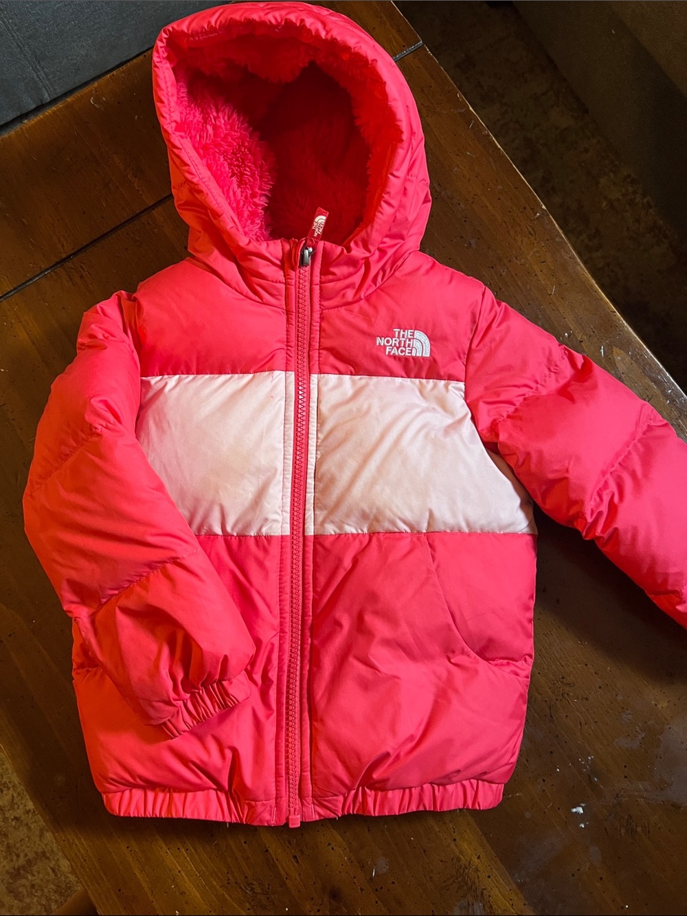 The North Face Hot Pink & White Kids Puffy Hooded Coat